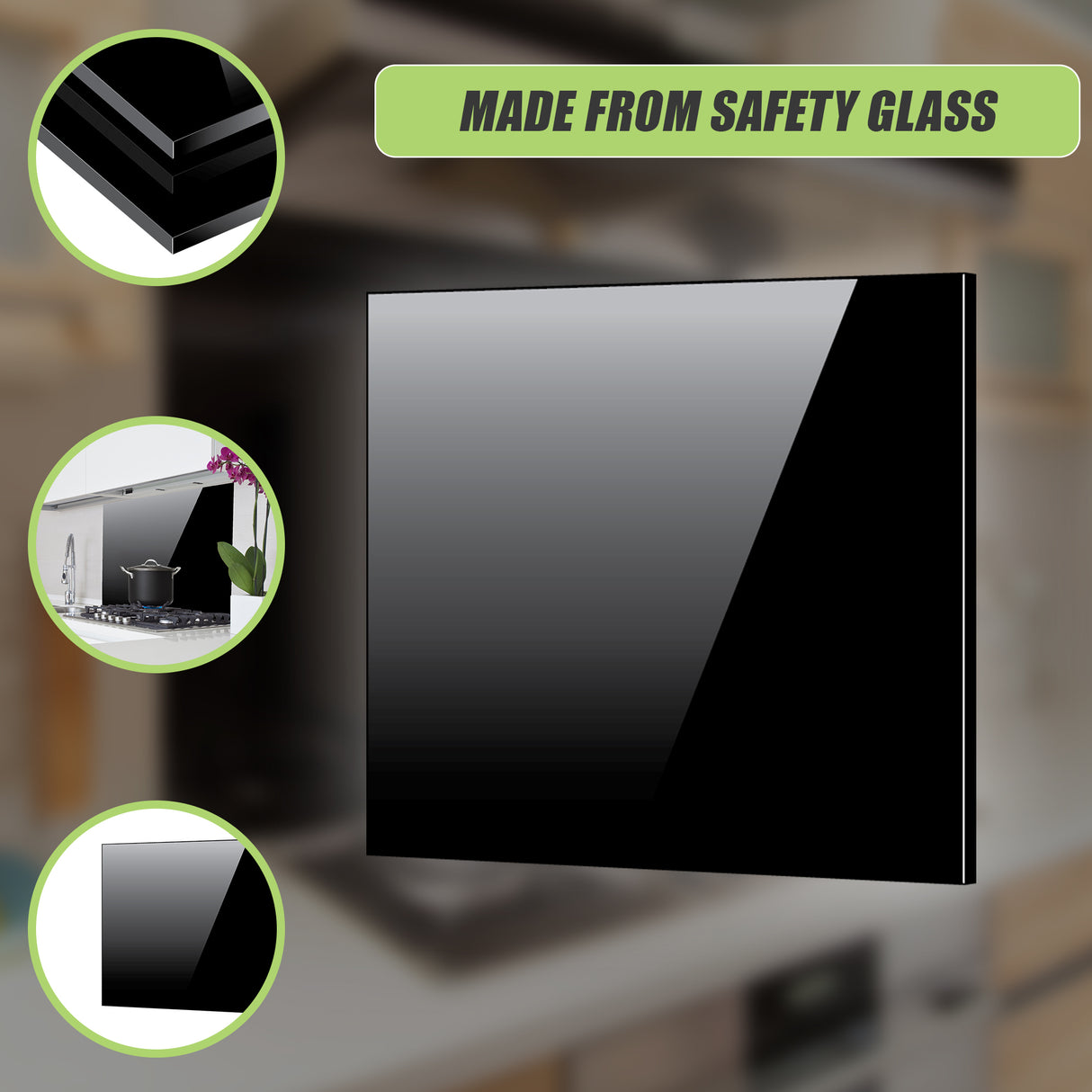 Toughened 60cm x 70cm Black Glass Kitchen Splashback