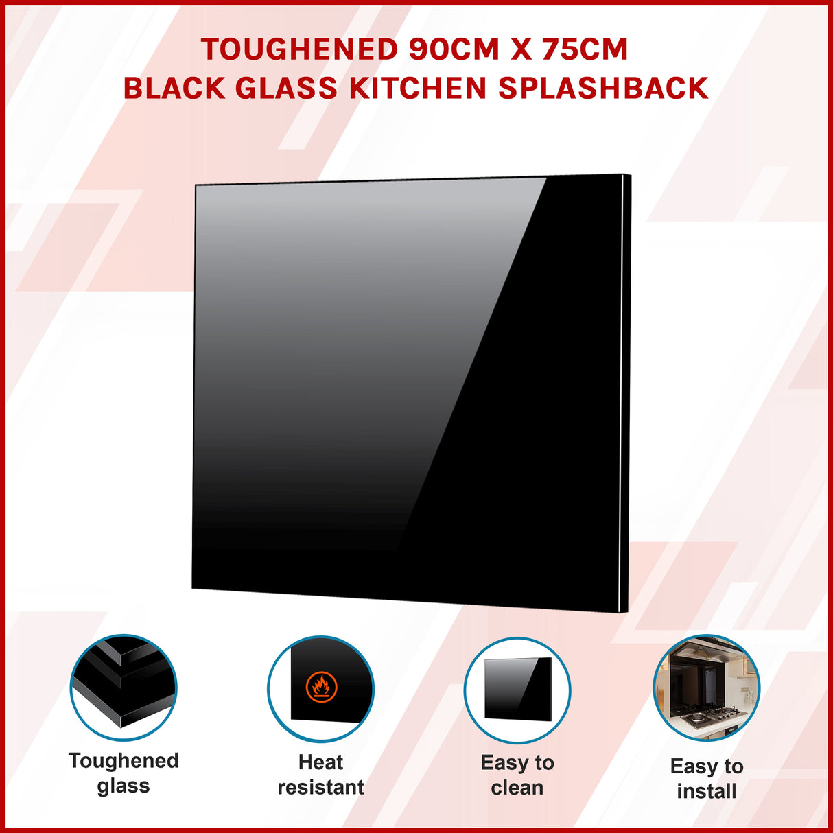 Toughened 90cm x 75cm Black Glass Kitchen Splashback