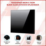Toughened 90cm x 75cm Black Glass Kitchen Splashback - Front View