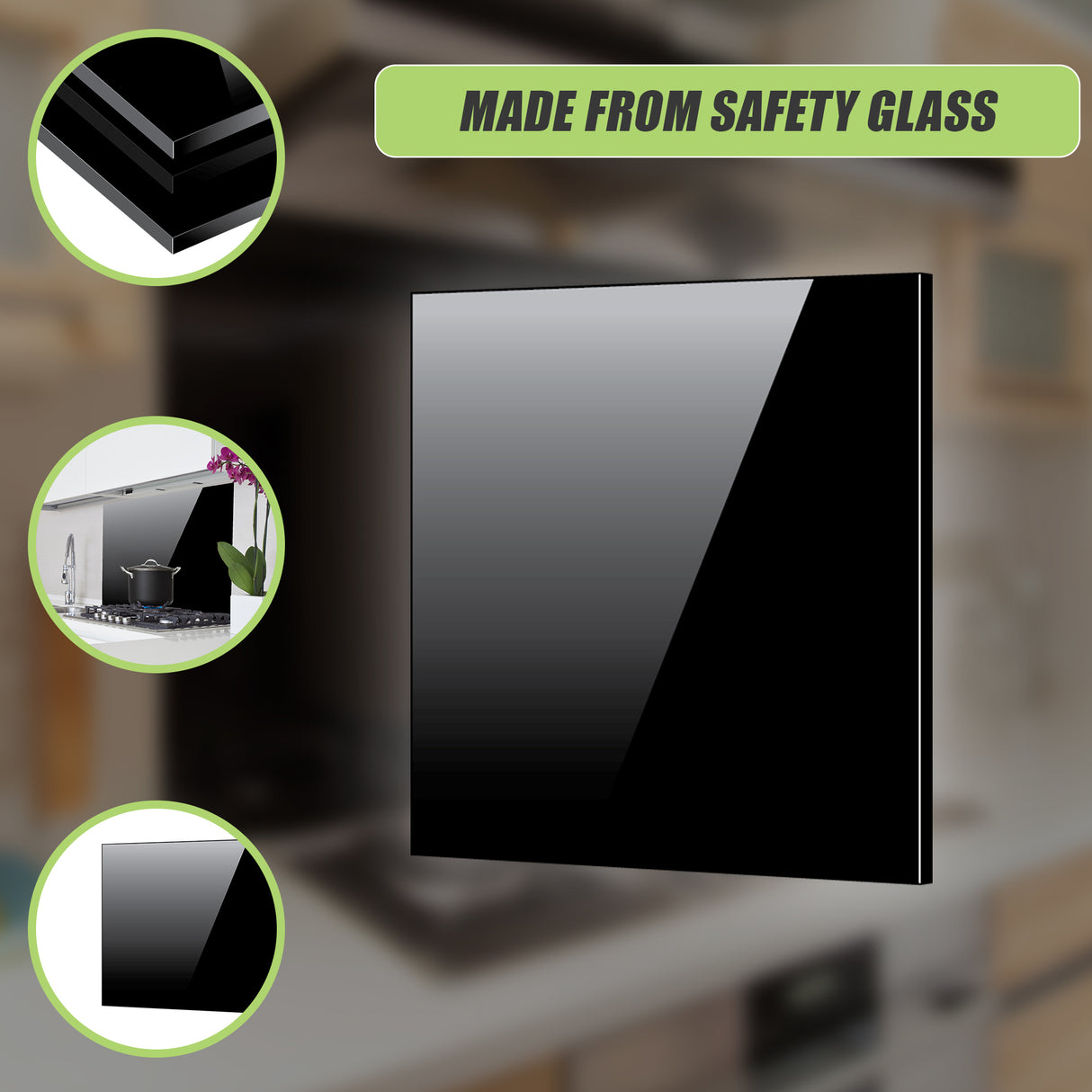 Toughened 90cm x 75cm Black Glass Kitchen Splashback