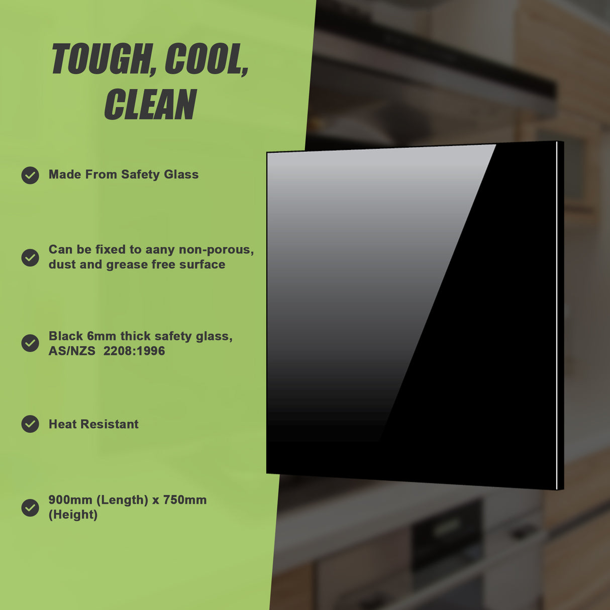 Toughened 90cm x 75cm Black Glass Kitchen Splashback