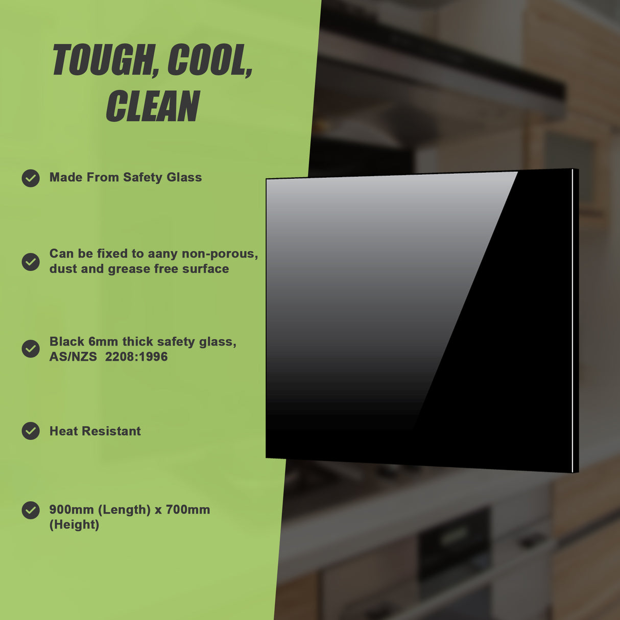 Toughened 90cm x 70cm Black Glass Kitchen Splashback