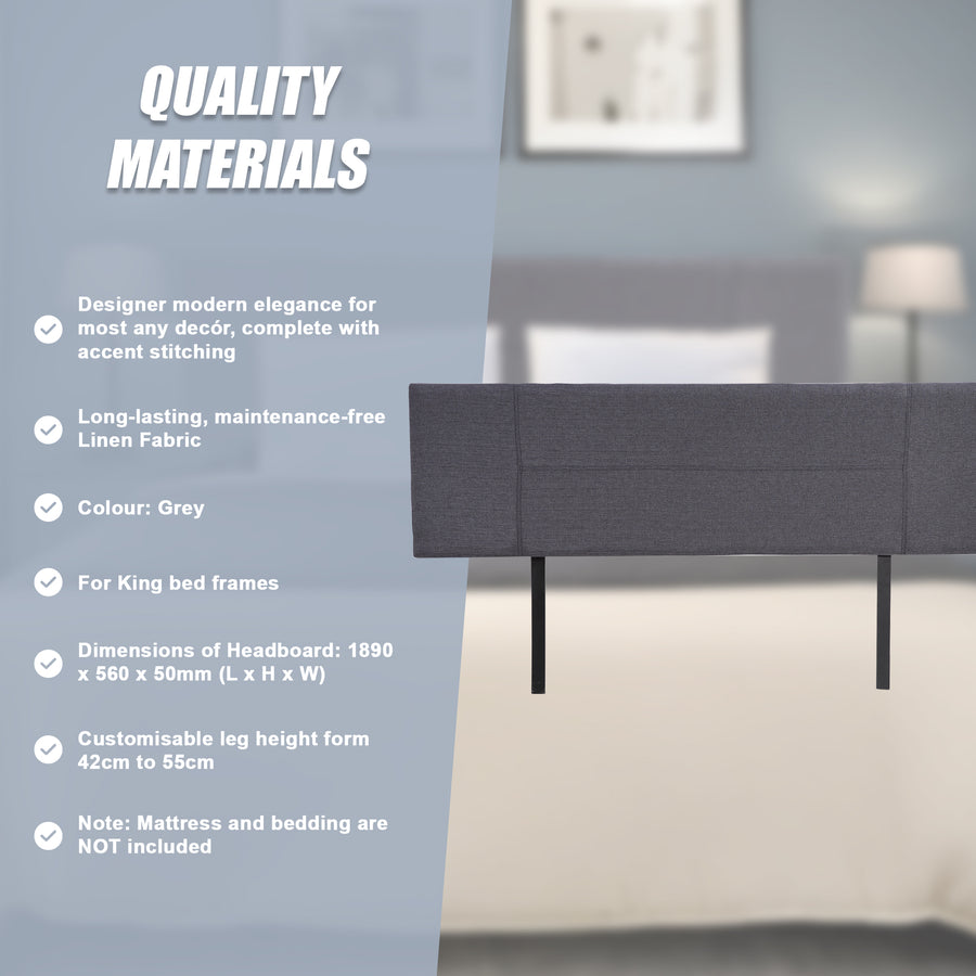 Linen Fabric King Bed Headboard Bedhead - Grey