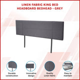 Linen Fabric King Bed Headboard Bedhead - Grey - Front View