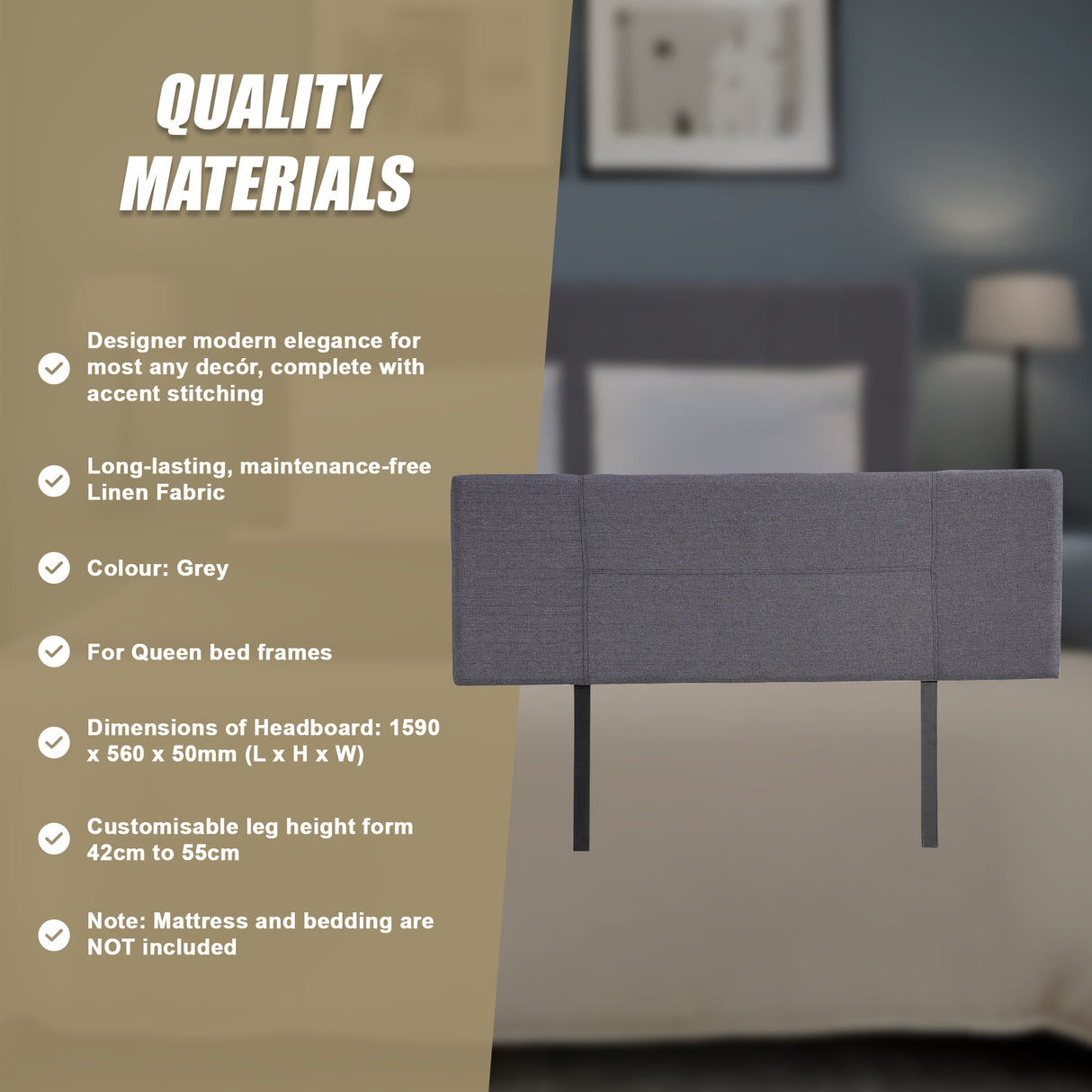 Linen Fabric Queen Bed Headboard Bedhead - Grey