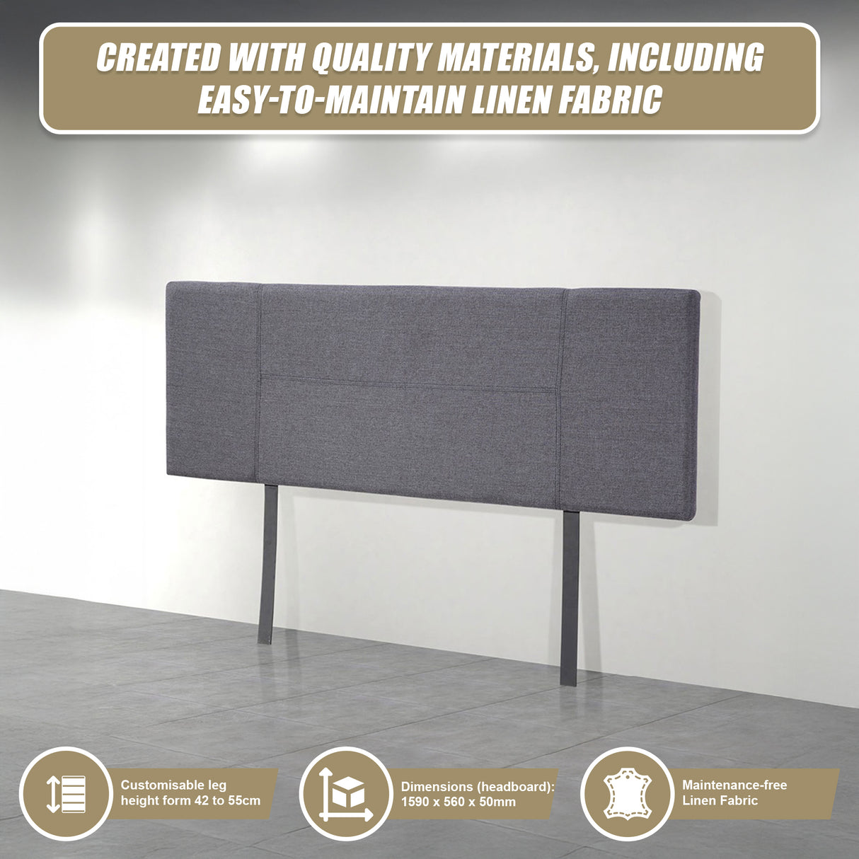 Linen Fabric Queen Bed Headboard Bedhead - Grey