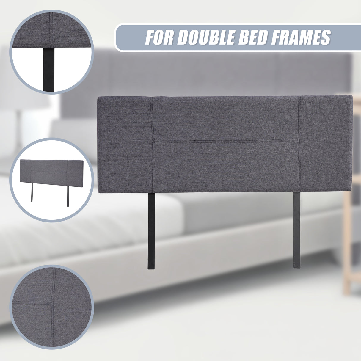 Linen Fabric Double Bed Headboard Bedhead - Grey
