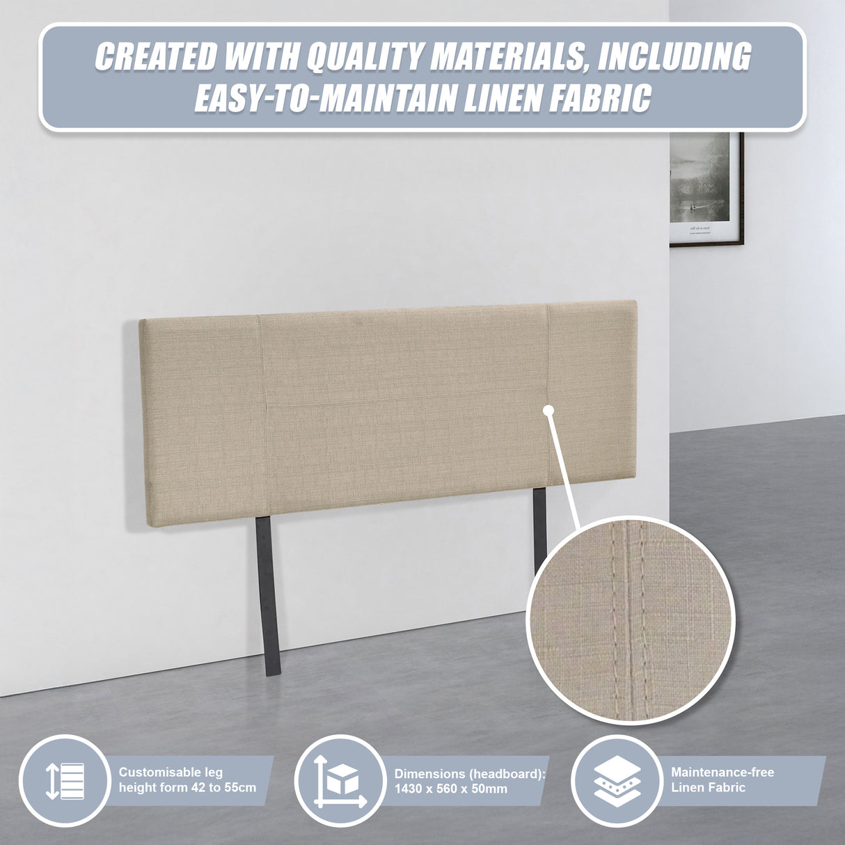 Linen Fabric Double Bed Headboard Bedhead - Beige