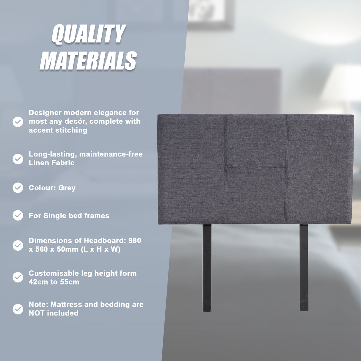 Linen Fabric Single Bed Headboard Bedhead - Grey