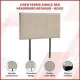 Linen Fabric Single Bed Headboard Bedhead - Beige - Front View