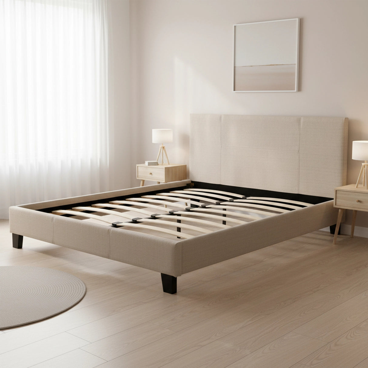Double Linen Fabric Bed Frame Beige
