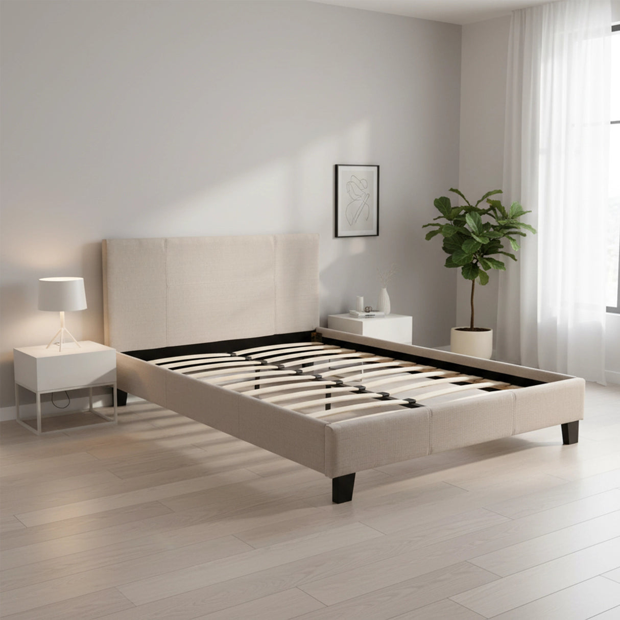 Double Linen Fabric Bed Frame Beige