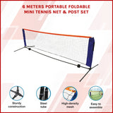 6 Meters Portable Foldable Mini Tennis Net & Post Set - Front View