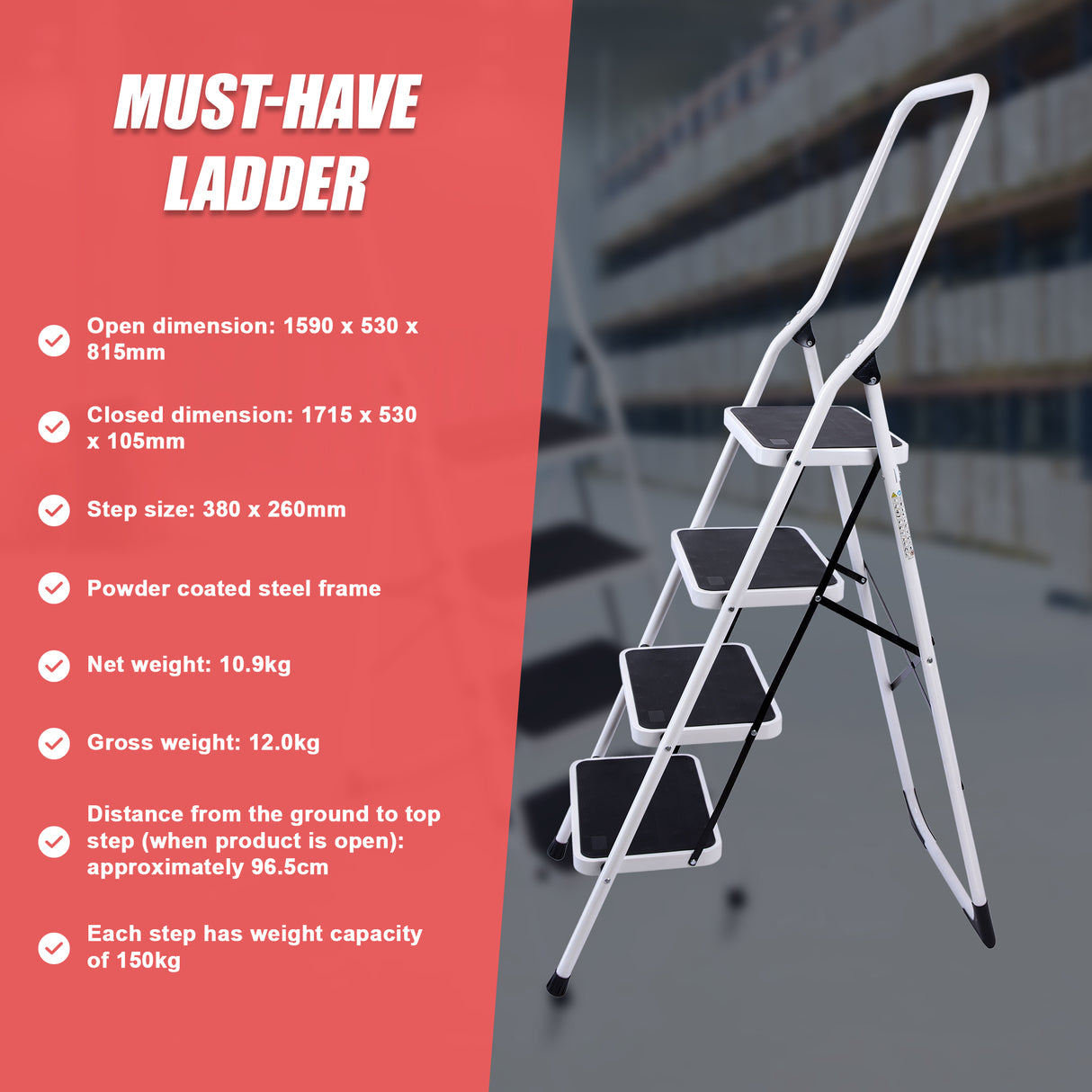 Foldable Non Slip 4 Step Steel Ladder
