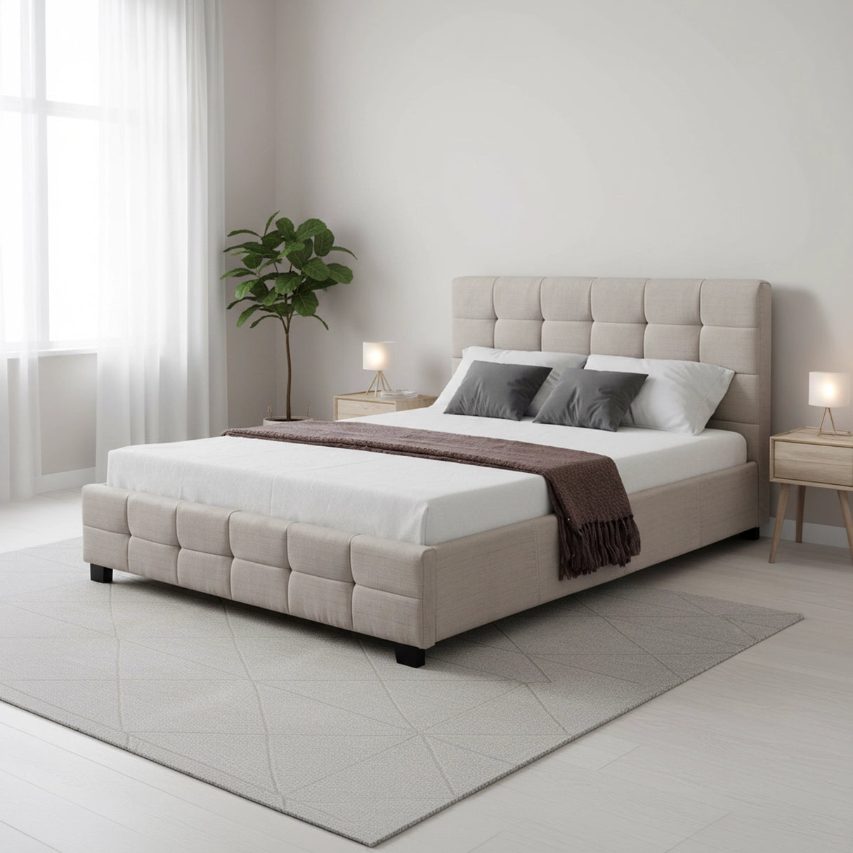 Linen Fabric Double Deluxe Bed Frame Beige