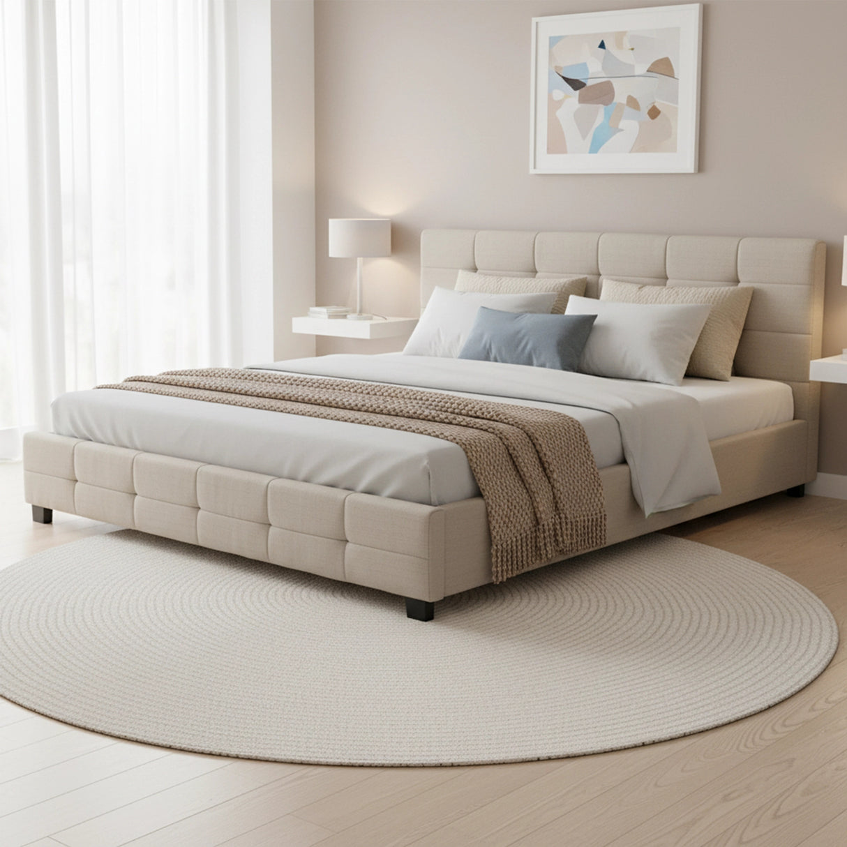 Linen Fabric King Deluxe Bed Frame Beige