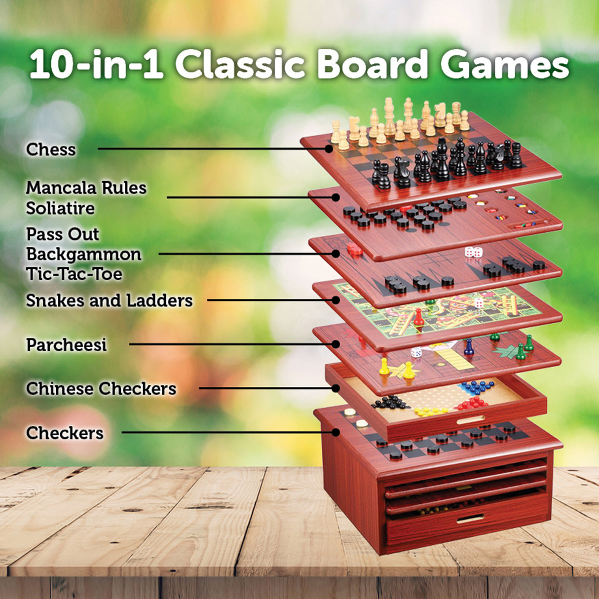 10 in 1 Wooden Chess Board Games Slide Out Checkers House Unit Set