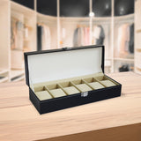 6 Slot Mens Watch Display Case Box Black PU Leather - 45-Degree Angle