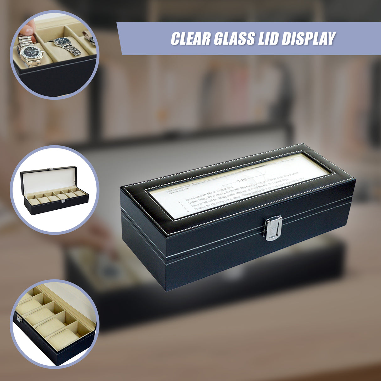 6 Slot Mens Watch Display Case Box Black PU Leather