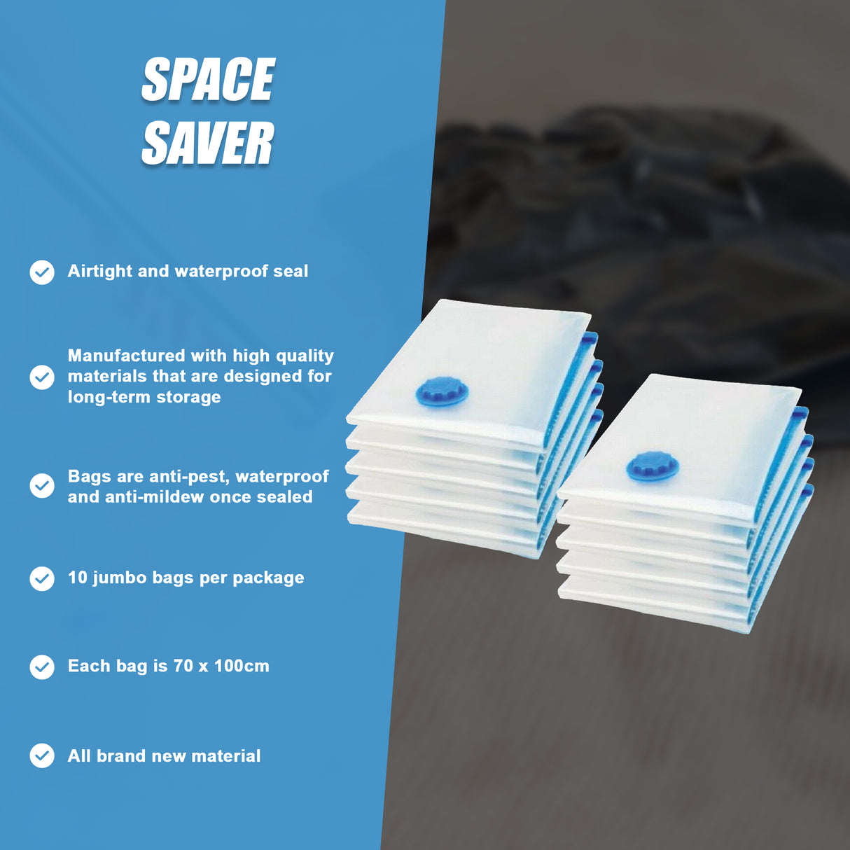 10X Jumbo Vacuum Storage Bags &ndash; Space Saver Seal Bags for Clothes, Bedding, Blankets & Travel Organisation