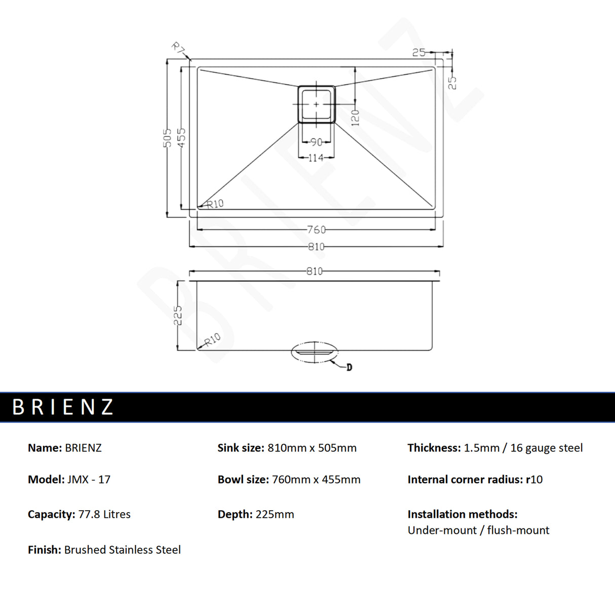 810x505mm Handmade 1.5mm Stainless Steel Undermount / Topmount Kitchen Sink with Square Waste