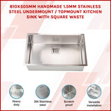 810x505mm Handmade 1.5mm Stainless Steel Undermount / Topmount Kitchen Sink with Square Waste - Rear View