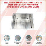 550x455mm Handmade 1.5mm Stainless Steel Undermount / Topmount Kitchen Sink with Square Waste - 45-Degree Angle