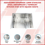 430x455mm Handmade 1.5mm Stainless Steel Undermount / Topmount Kitchen Sink with Square Waste