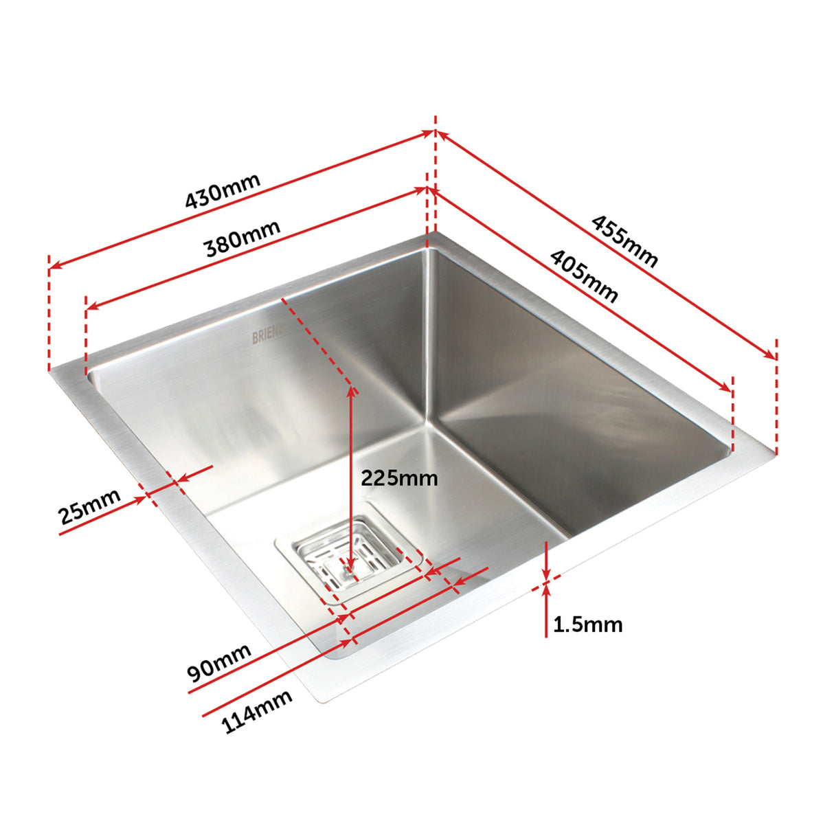 430x455mm Handmade 1.5mm Stainless Steel Undermount / Topmount Kitchen Sink with Square Waste