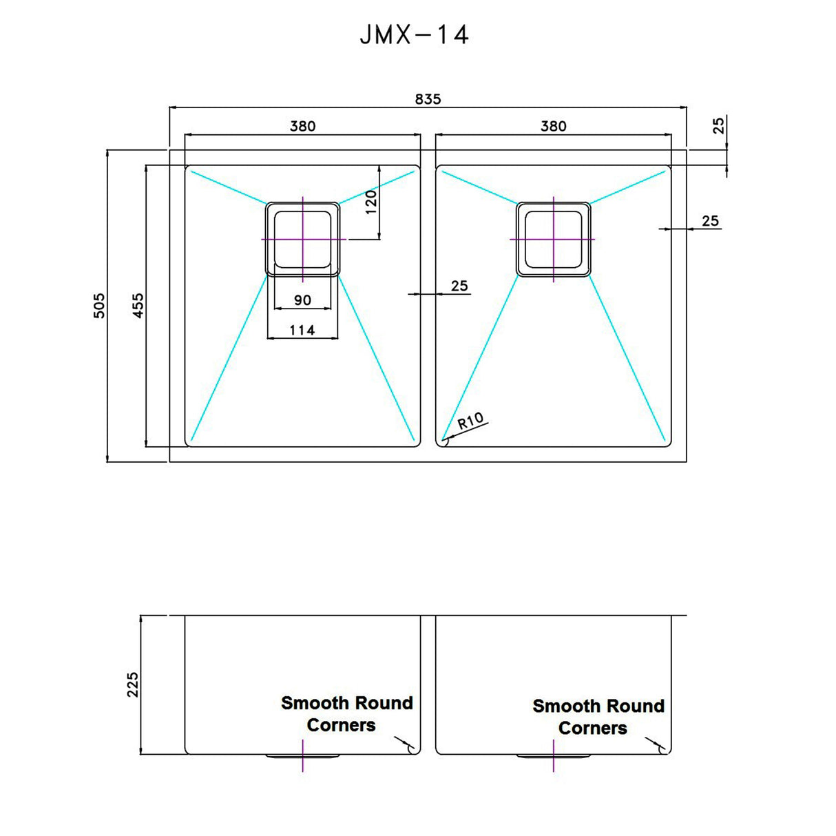 835x505mm Handmade 1.5mm Stainless Steel Undermount / Topmount Kitchen Sink with Square Waste