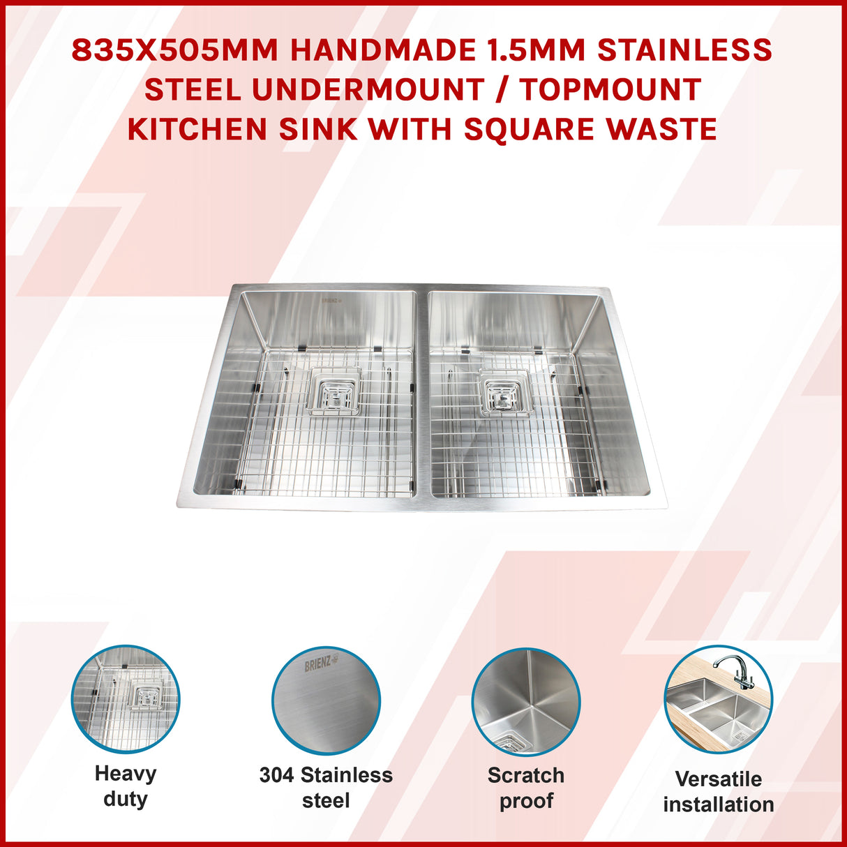 835x505mm Handmade 1.5mm Stainless Steel Undermount / Topmount Kitchen Sink with Square Waste