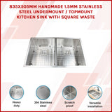 835x505mm Handmade 1.5mm Stainless Steel Undermount / Topmount Kitchen Sink with Square Waste - Rear View