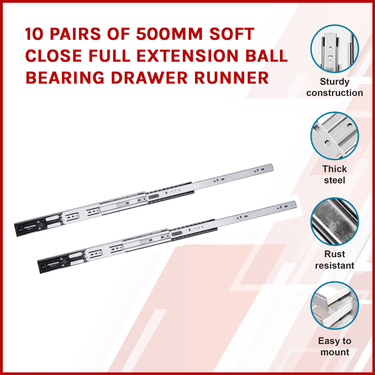 10 Pairs of 500mm Soft Close Full Extension Ball Bearing Drawer Runner