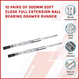 10 Pairs of 500mm Soft Close Full Extension Ball Bearing Drawer Runner - Front View