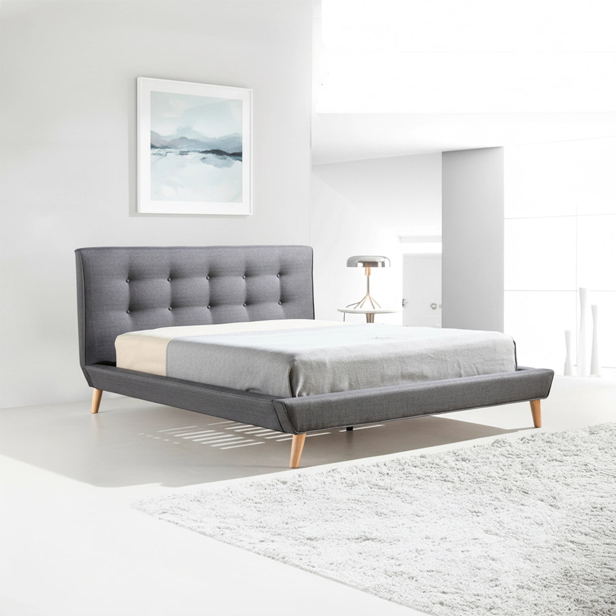 Double Linen Fabric Deluxe Bed Frame Grey
