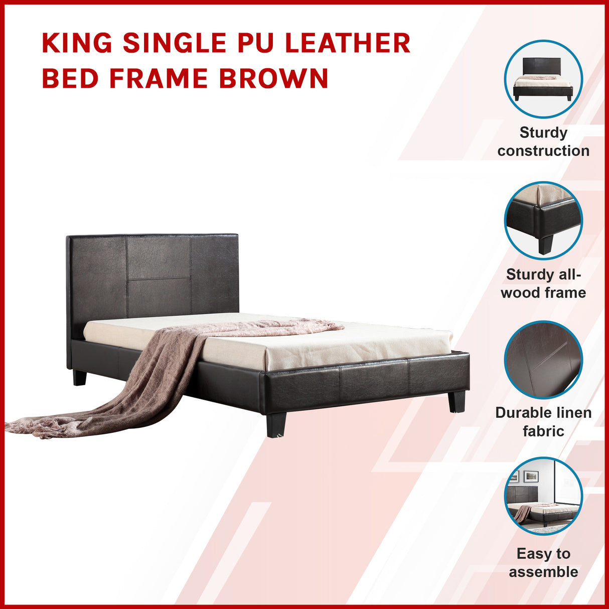 King Single PU Leather Bed Frame Brown