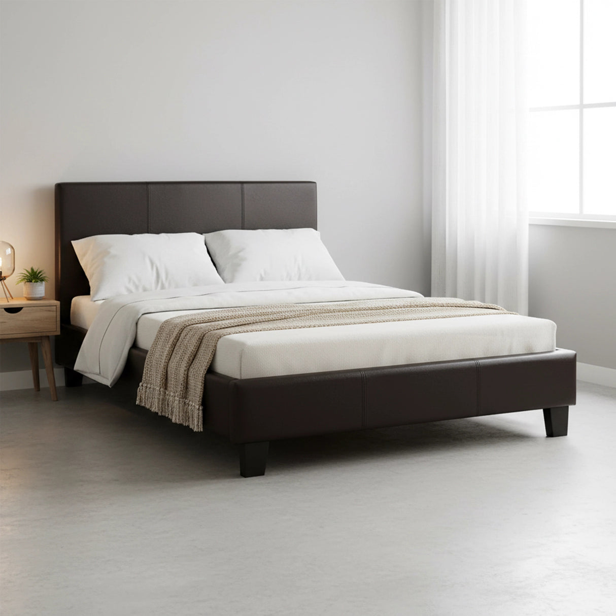 King Single PU Leather Bed Frame Brown