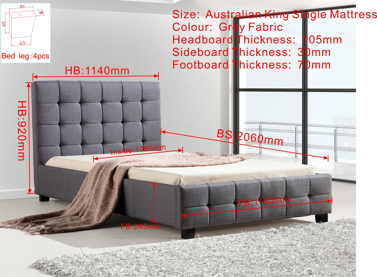 King Single Linen Fabric Deluxe Bed Frame Grey