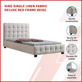 King Single Linen Fabric Deluxe Bed Frame Beige - Side View
