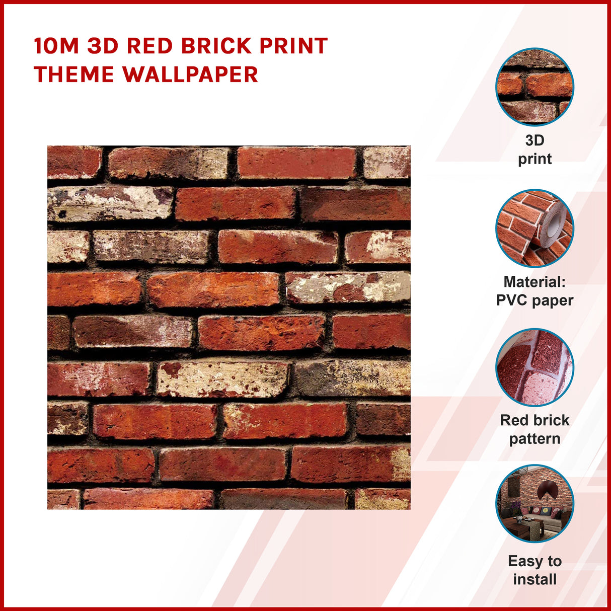 10m 3D Red Brick Print Theme Wallpaper