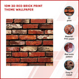 10m 3D Red Brick Print Theme Wallpaper - Front View