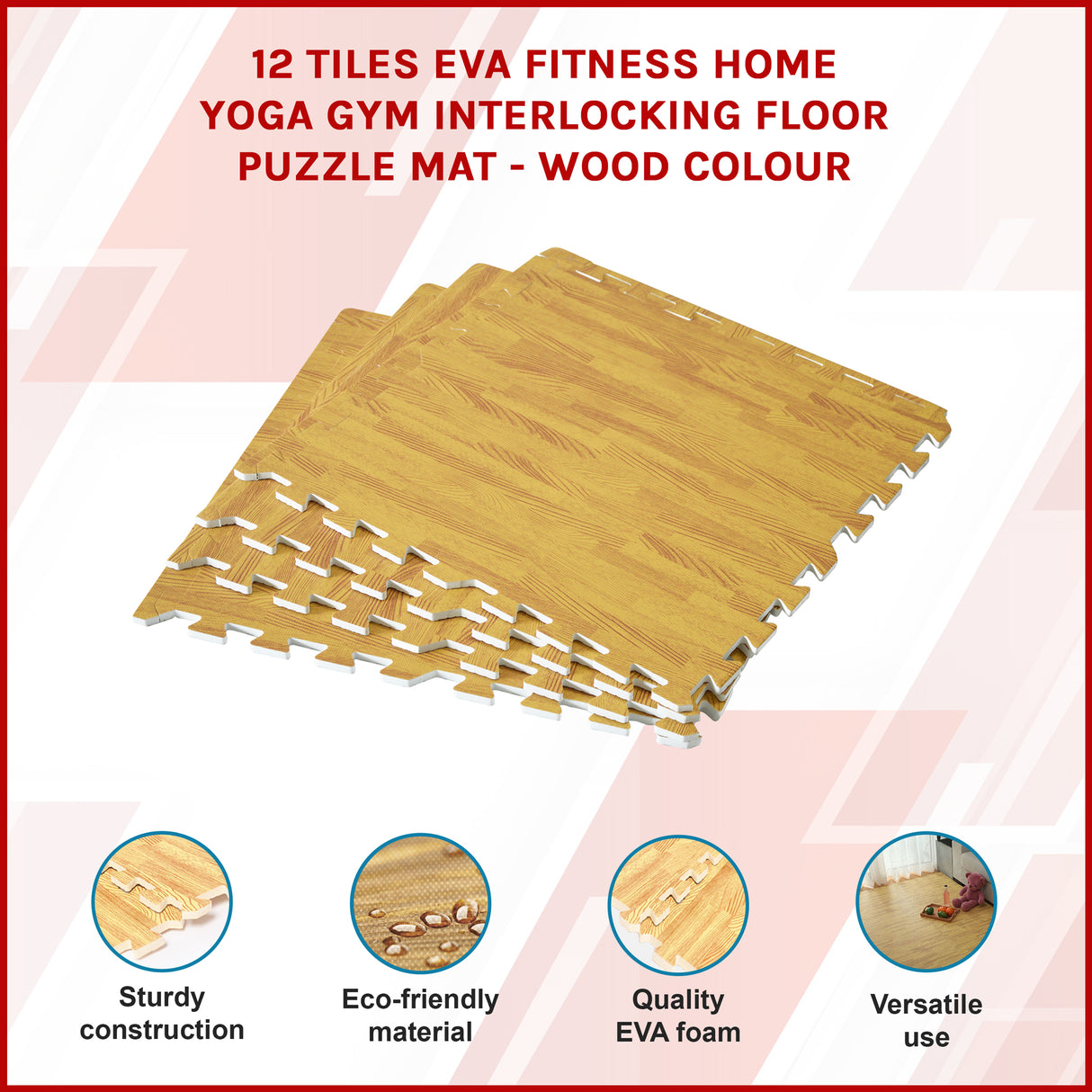 12 Tile EVA Interlocking Gym Floor Mats Wood Colour for Home Yoga