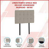 Linen Fabric Single Bed Deluxe Headboard Bedhead - Beige - Front View