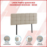 Linen Fabric Queen Bed Deluxe Headboard Bedhead - Beige - Front View