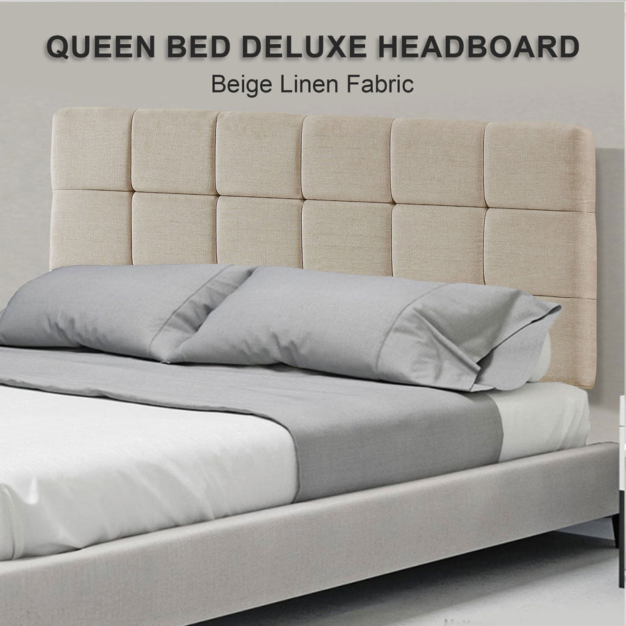 Linen Fabric Queen Bed Deluxe Headboard Bedhead - Beige