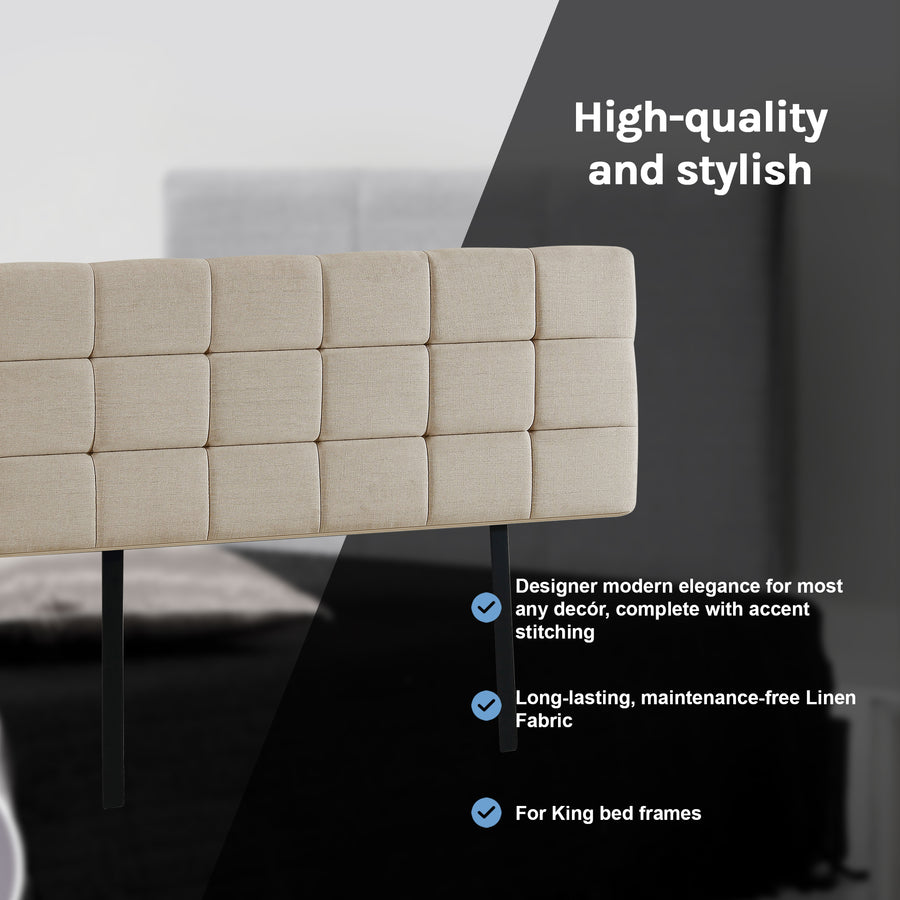 Linen Fabric King Bed Deluxe Headboard Bedhead - Beige