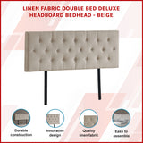Linen Fabric Double Bed Deluxe Headboard Bedhead - Beige - Front View