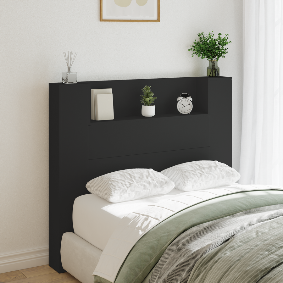 Storage Headboard with LED Black Engineered Wood