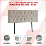Linen Fabric Queen Bed Deluxe Headboard Bedhead - Beige - Front View