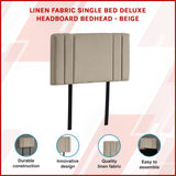Linen Fabric Single Bed Deluxe Headboard Bedhead - Beige
